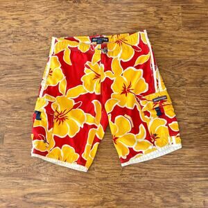 Abercrombie Y2K Yellow Red Hibiscus Floral Hawaiian Board Shorts Swim Trunks XL